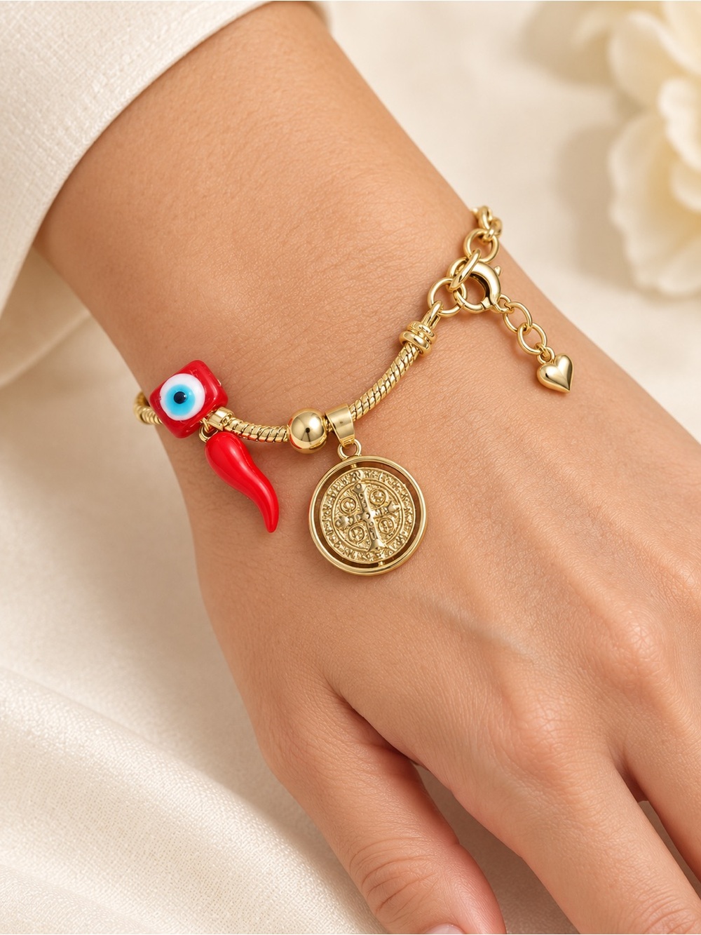 Red Evil Eye and Chili Pepper Charm Bracelet